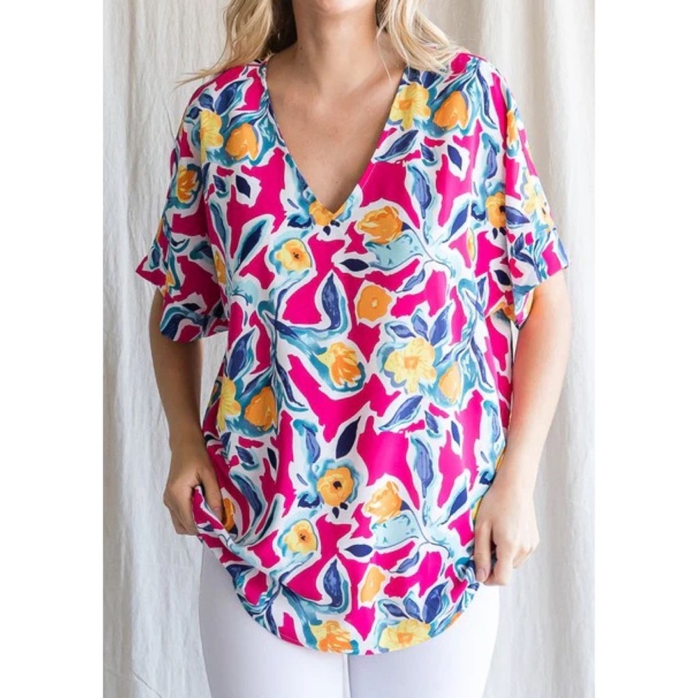 Jodifl pink & blue & yellow FLOWER PRINT TOP